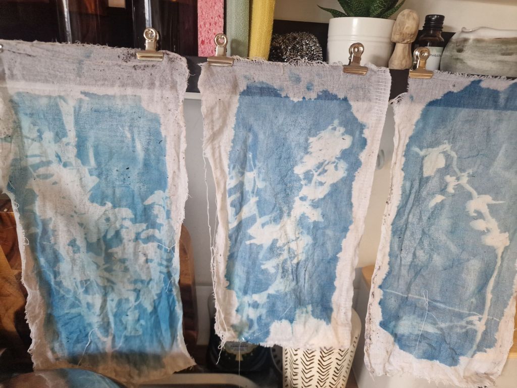 Toned cyanotypes on muslin